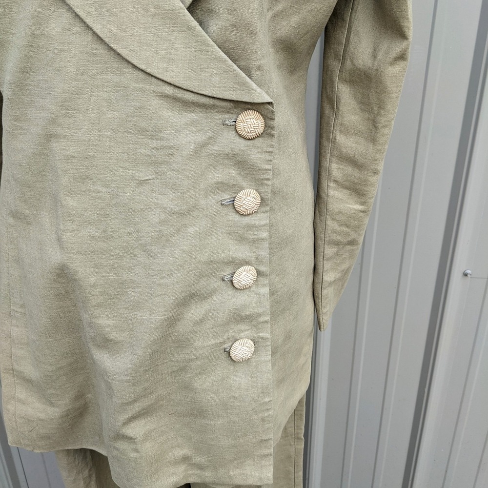 Vintage 90s Linen 2-Pc Pant Suit Set Sz 12 Khaki Wide Leg Shawl Collar Blazer - Picture 13 of 16